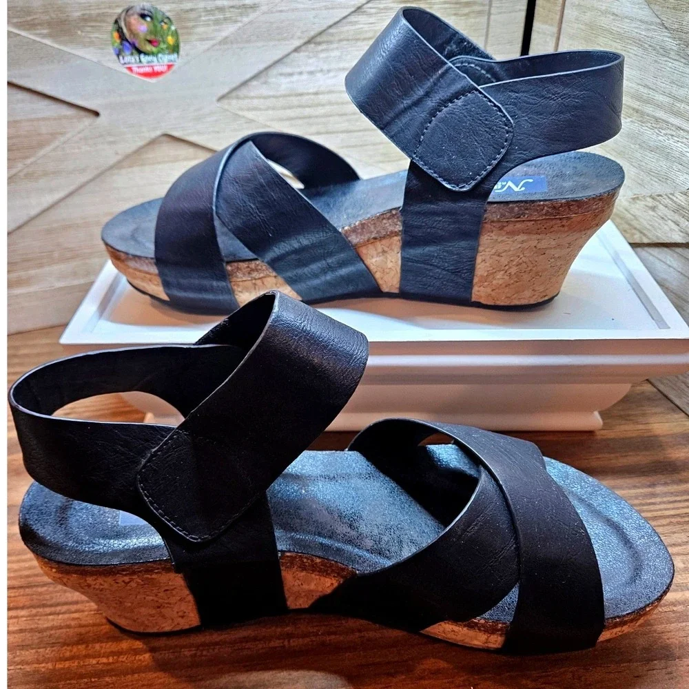 Natural Boho Wedge Chunky Sandals Wmn Sz 8 Black Cork Strappy Ankle Strap #560